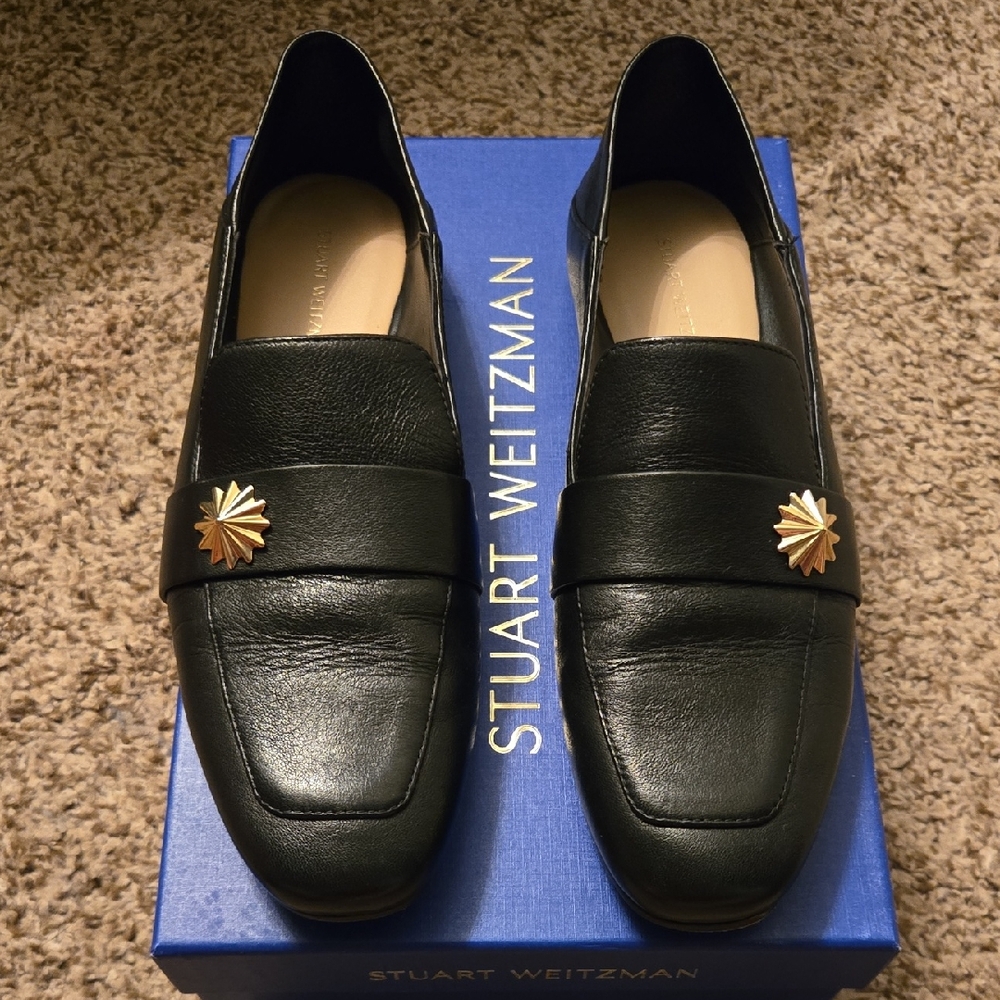 Stuart Weitzman Wylie Black Leather Loafers with Gold Detail